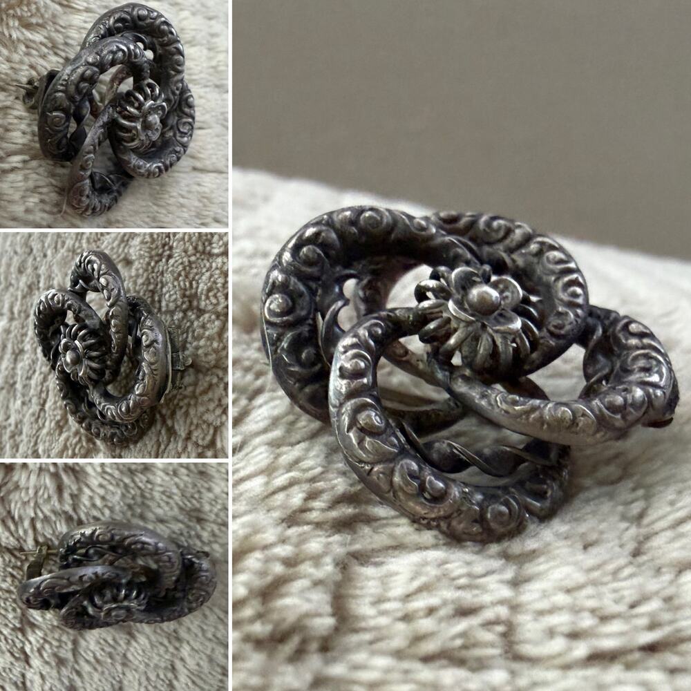 Victorian Sterling Silver Floral Repoussé Lovers Knot Pinwheel Antique Brooch - Picture 2 of 4